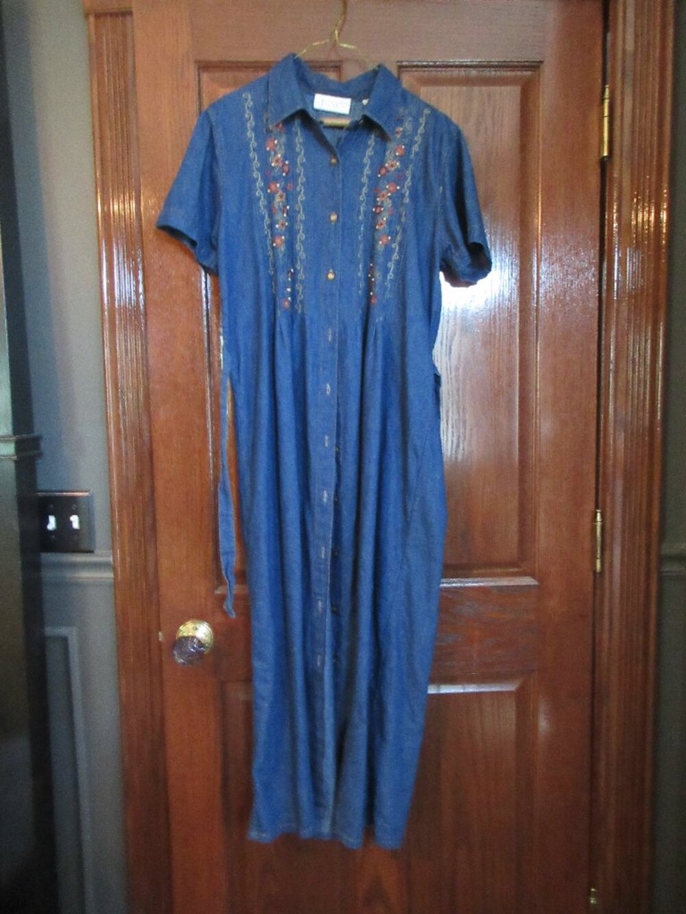 Casual Corner Denim Size L Button Down Maxi Dress Embroidery Small Beads